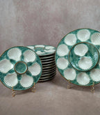 Service 12 assiettes à huîtres + grand plat Longchamp majolique vert coquillage vintage