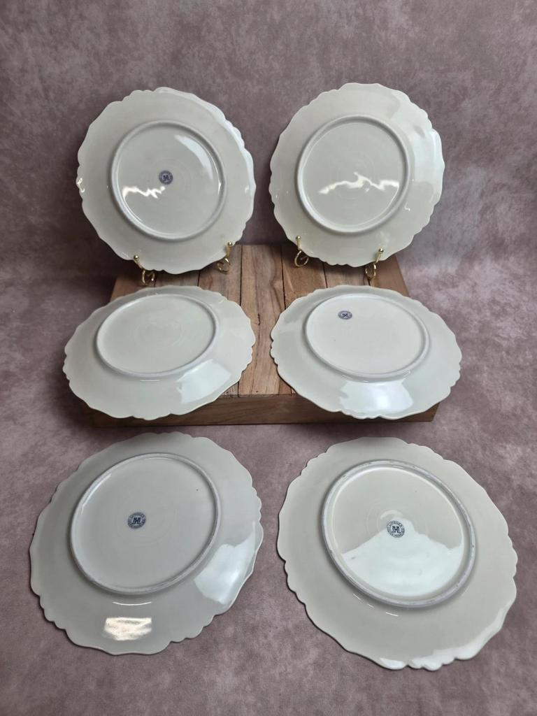 Lot de 6 assiettes plates anciennes Limoges Lucien Michelaud – décor floral