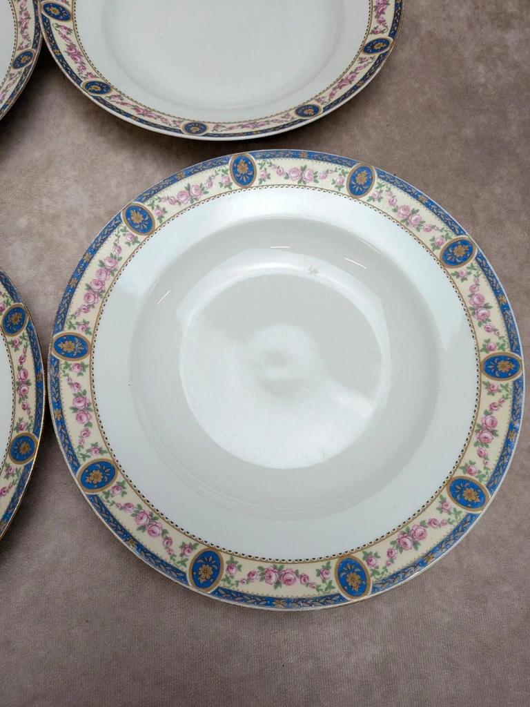 Lot 6 assiettes creuses porcelaine de Limoges décor floral bleu et rose