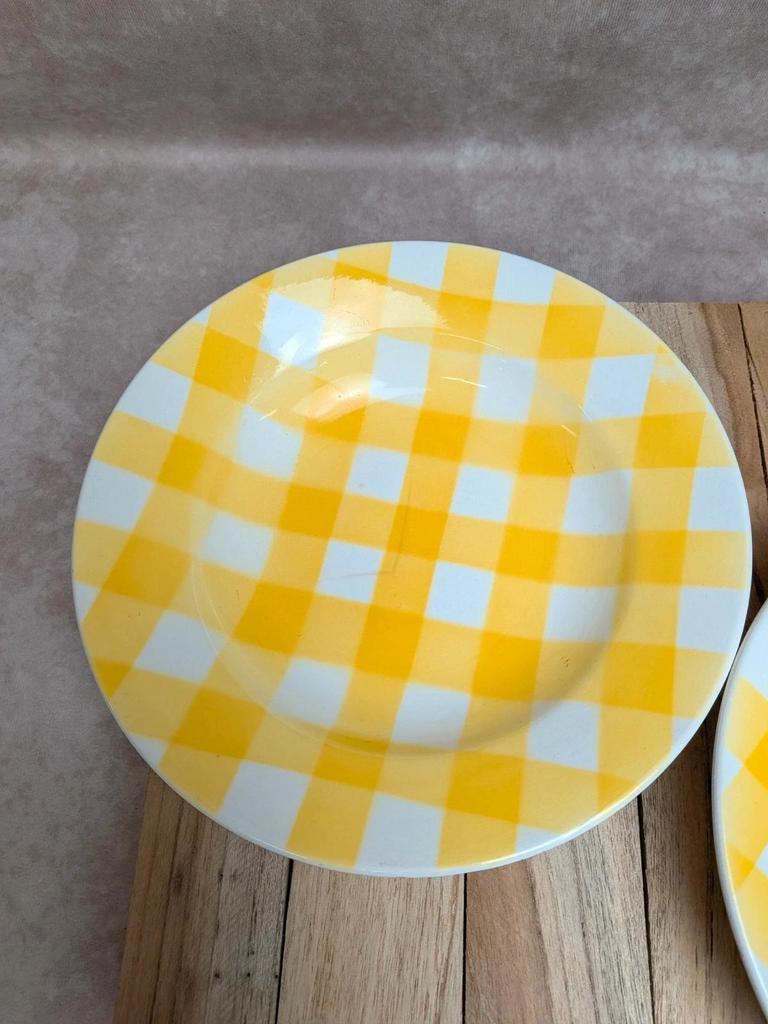 Lot de 2 assiettes creuses en terre de fer Sarreguemines décor carreaux jaunes