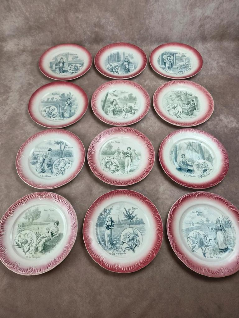 Série complète 12 assiettes parlantes Digoin Sarreguemines, terre de fer, Les Fleurs vintage