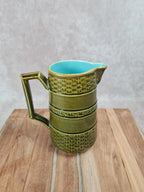 Pichet vintage faïence vert olive & intérieur turquoise – attribué à Onnaing