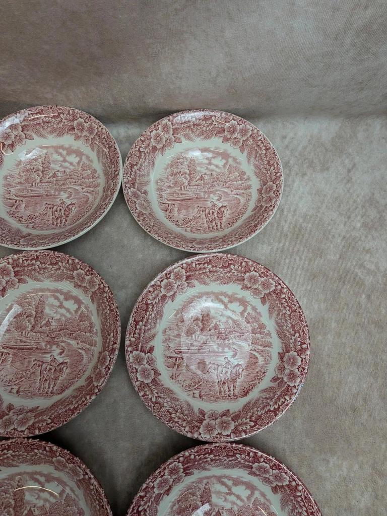 Coupelles anglaises terre de fer Broadhurst Staffordshire toile de Jouy rouge