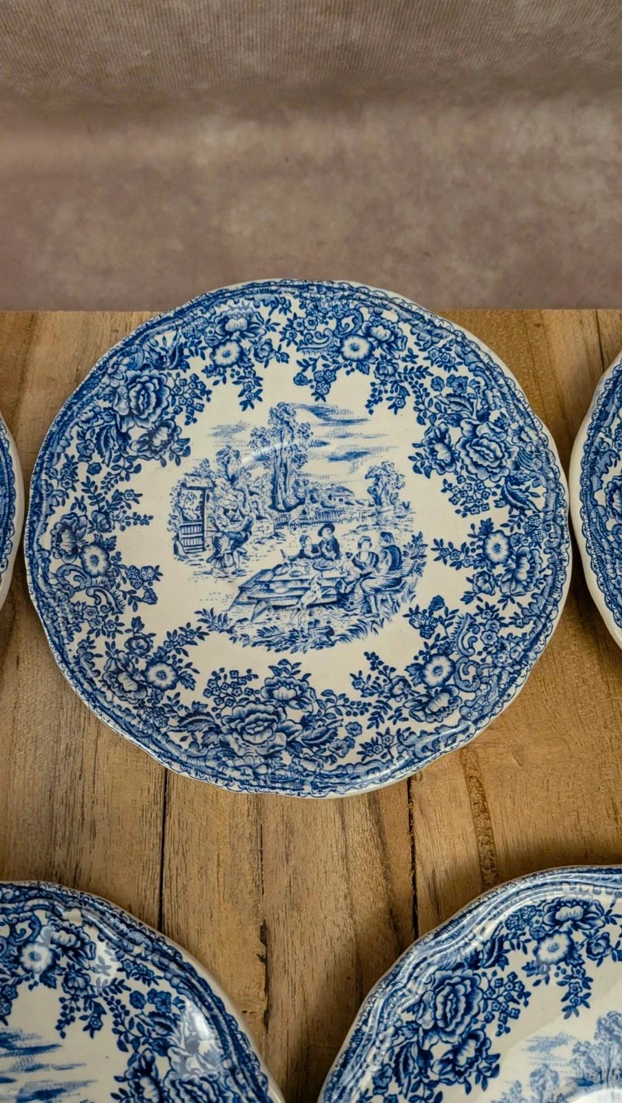 5 soucoupes Lunéville Kg modèle Toile de Jouy bleu –