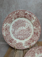 Lot de 2 assiettes style anglaises Lunéville terre de fer rouge décor champêtre