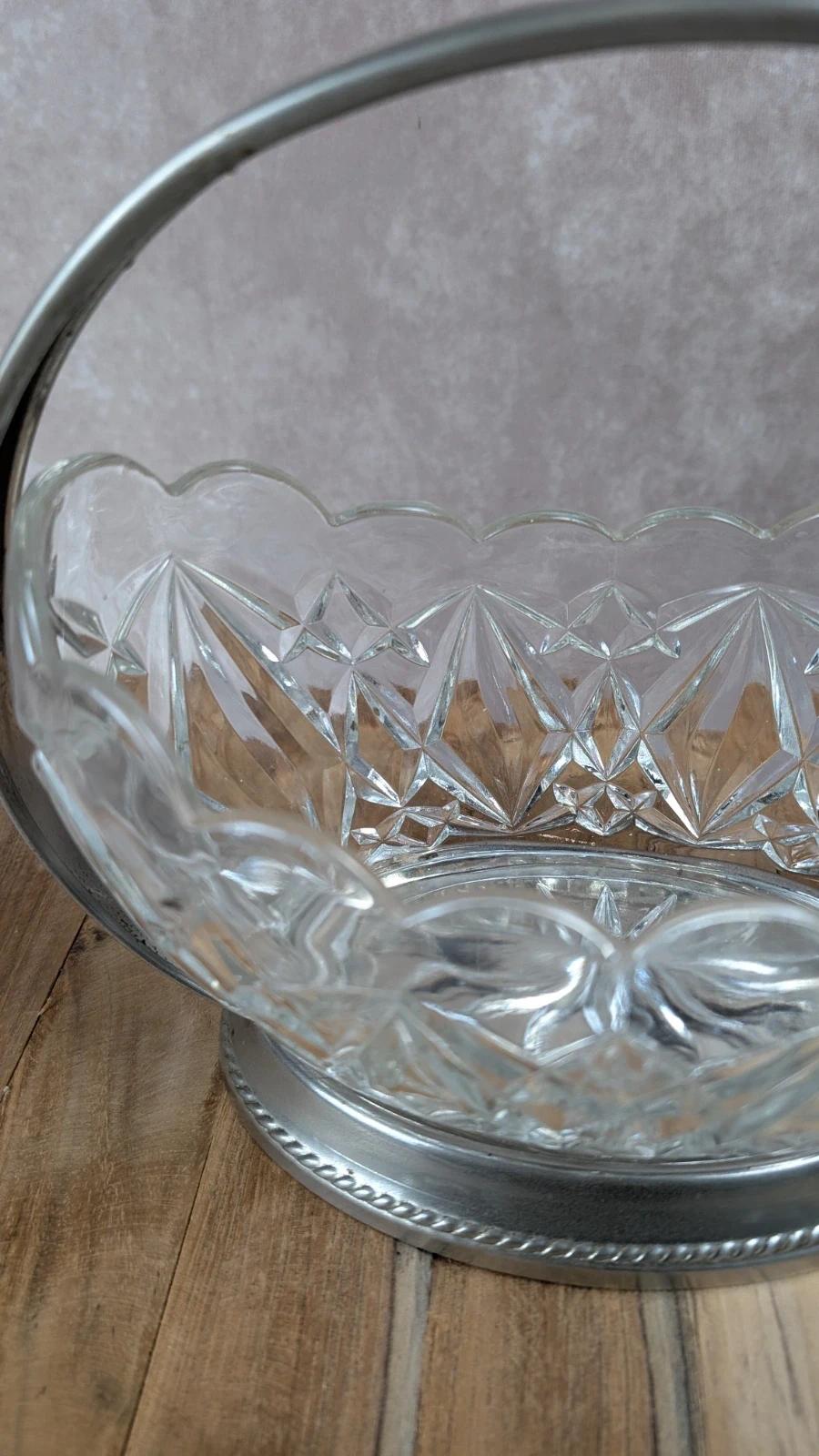 Corbeille vintage en verre taillé et métal argenté