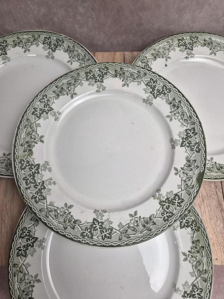Joli lot de 4 assiettes anciennes en terre de fer de Saint-amand et Hamages, modèle Estival.