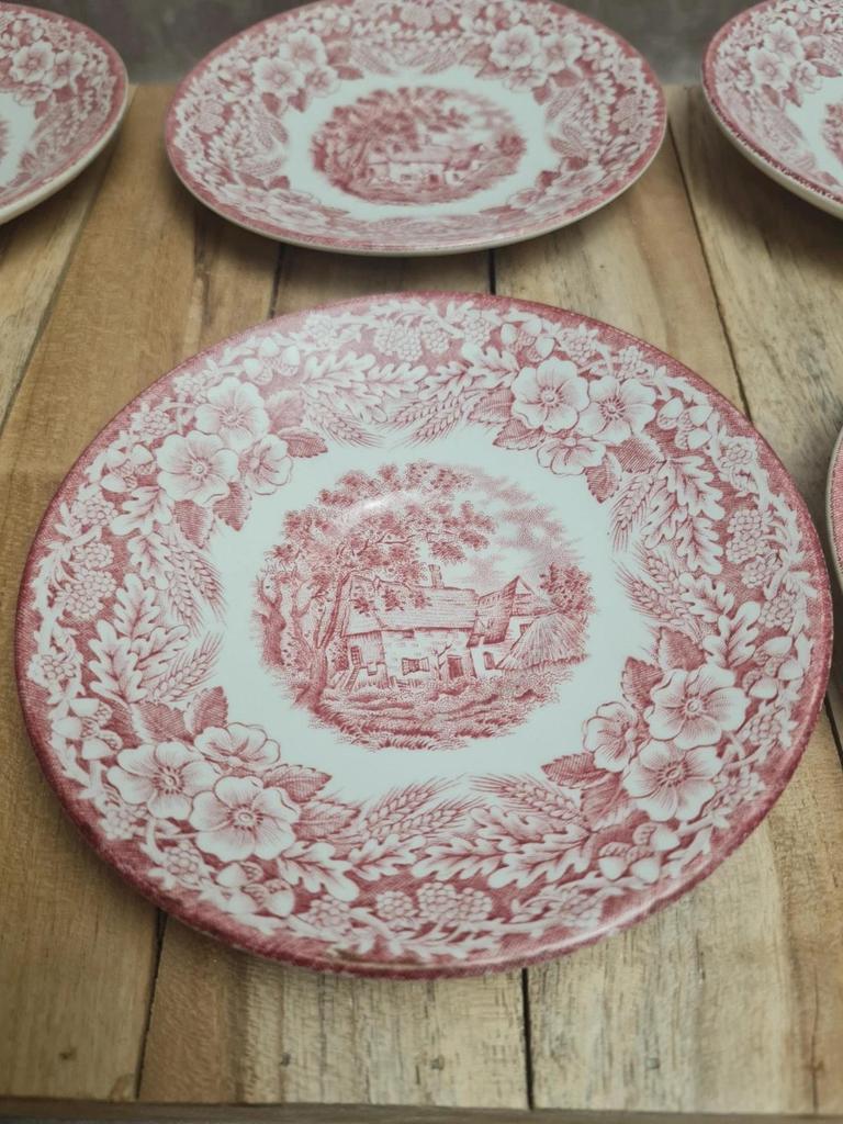 Lot 8 tasses + soucoupes vintage toile de Jouy rouge, Broadhurst Staffordshire