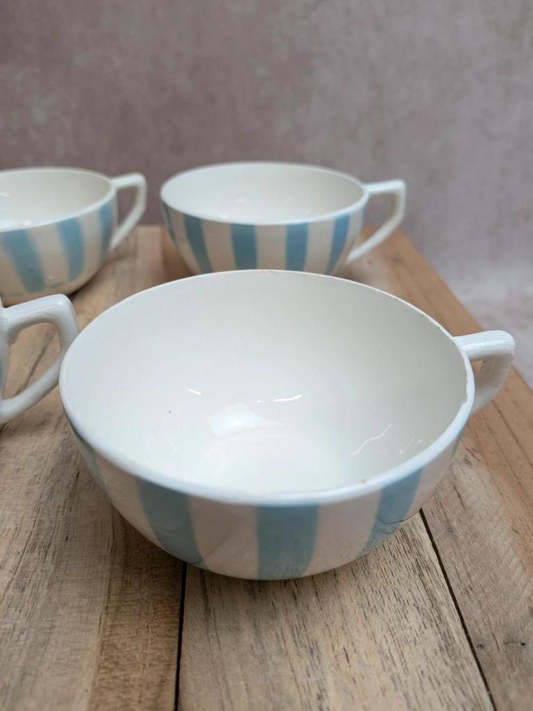 Lot de 6 tasses Terre de Fer Digoin France rayures bleues vintage