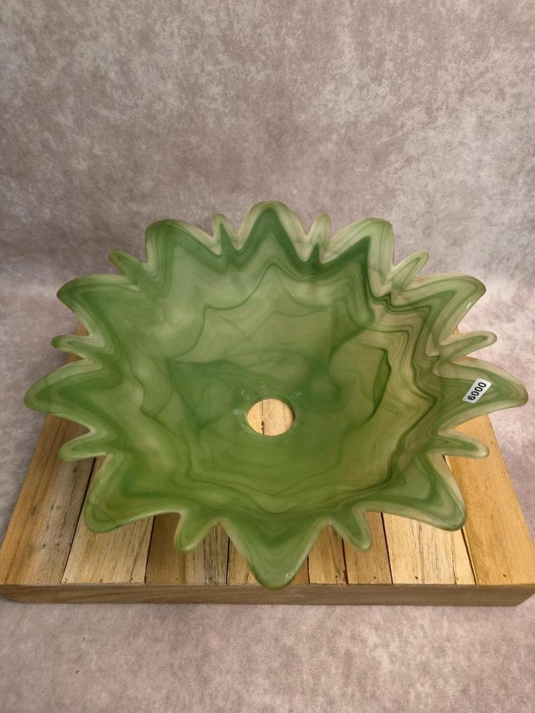 Grand abat-jour vintage en verre marbré vert – forme fleur étoilée – 35 cm