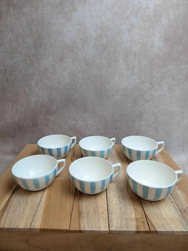 Lot de 6 tasses Terre de Fer Digoin France rayures bleues vintage