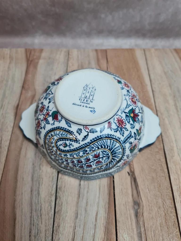 Bol à oreilles + soucoupe Gien décor main – circa 1960/1970 🌿
