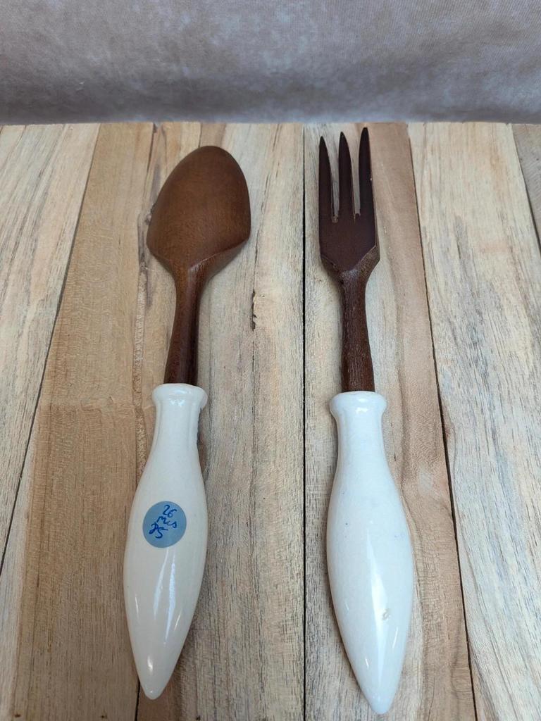 Set à salade vintage céramique & bois – Huilier/vinaigrier + couverts