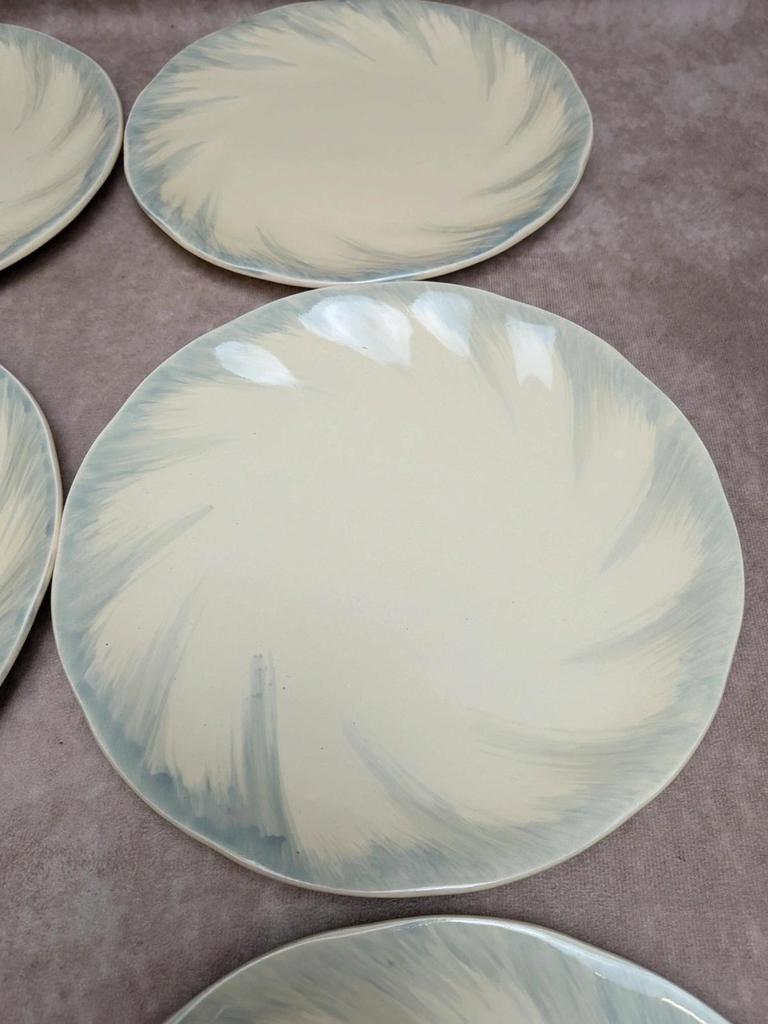 6 assiettes plates Terre de fer Salins décor bleu nuagé