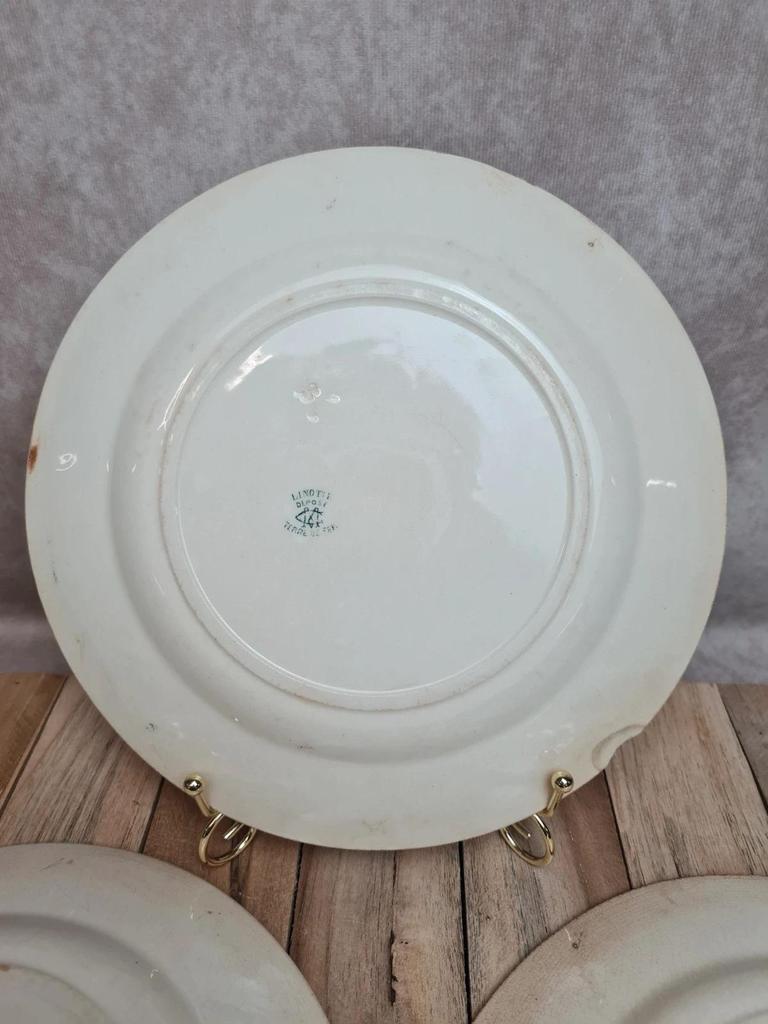 Assiettes Terre de Fer Creil & Montereau Linotte oiseaux vert – lot de 3 anciennes