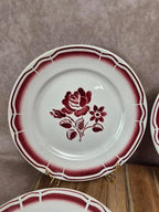 Lot de 6 assiettes plates anciennes Badonviller Fb – roses bordeaux