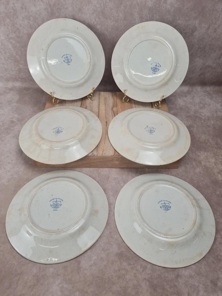 Lot de 6 assiettes plates anciennes Creil et Montereau, Service La Vallières, 23 cm