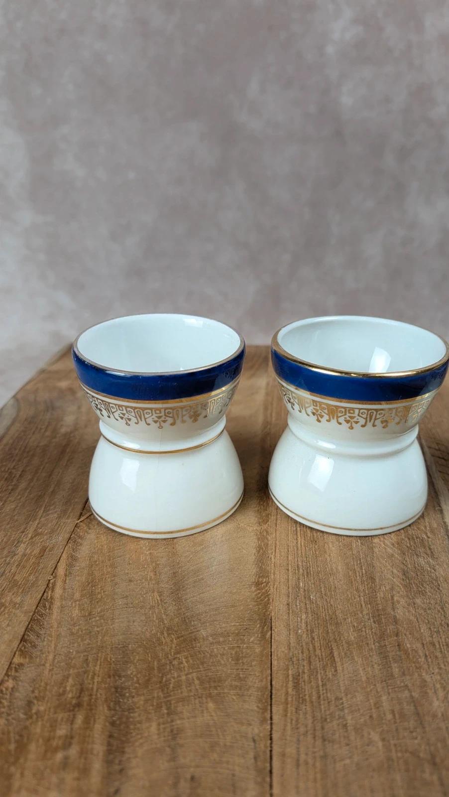 Lot de 5 coquetiers en porcelaine bleu et or – vintage élégant