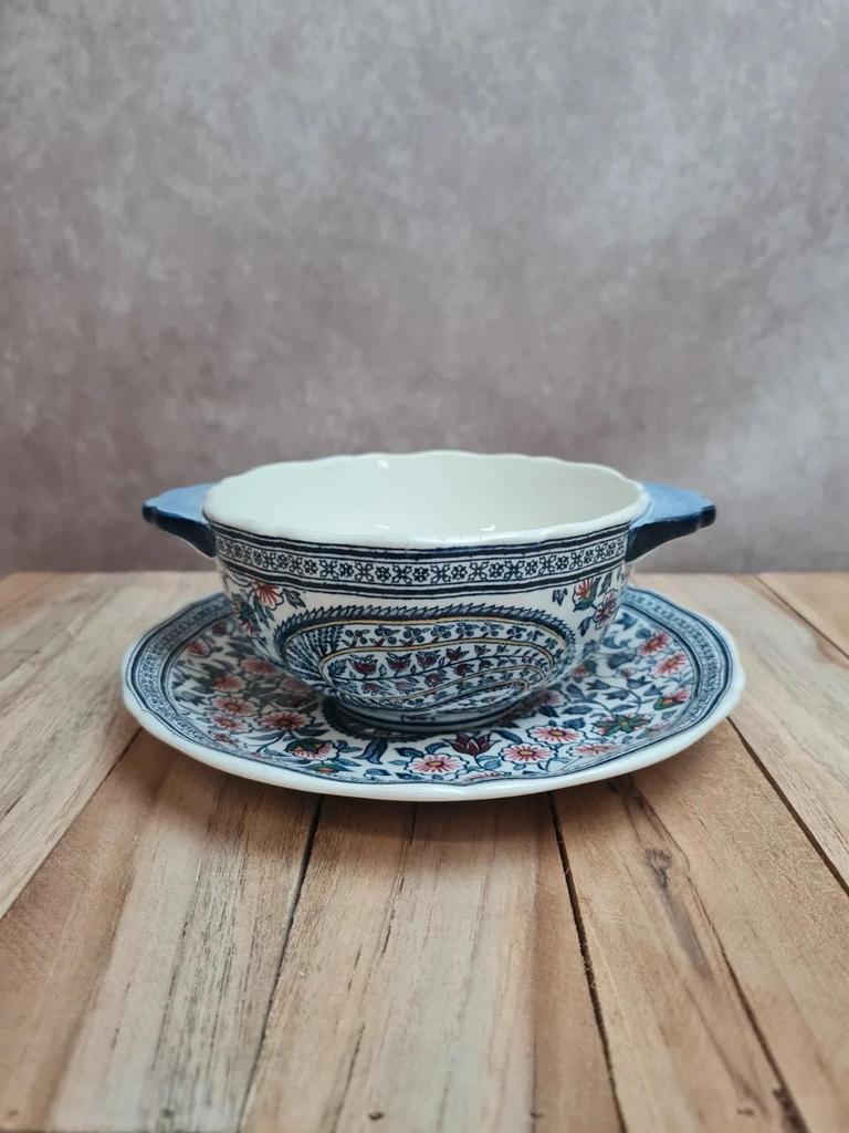 Bol à oreilles + soucoupe Gien décor main – circa 1960/1970 🌿