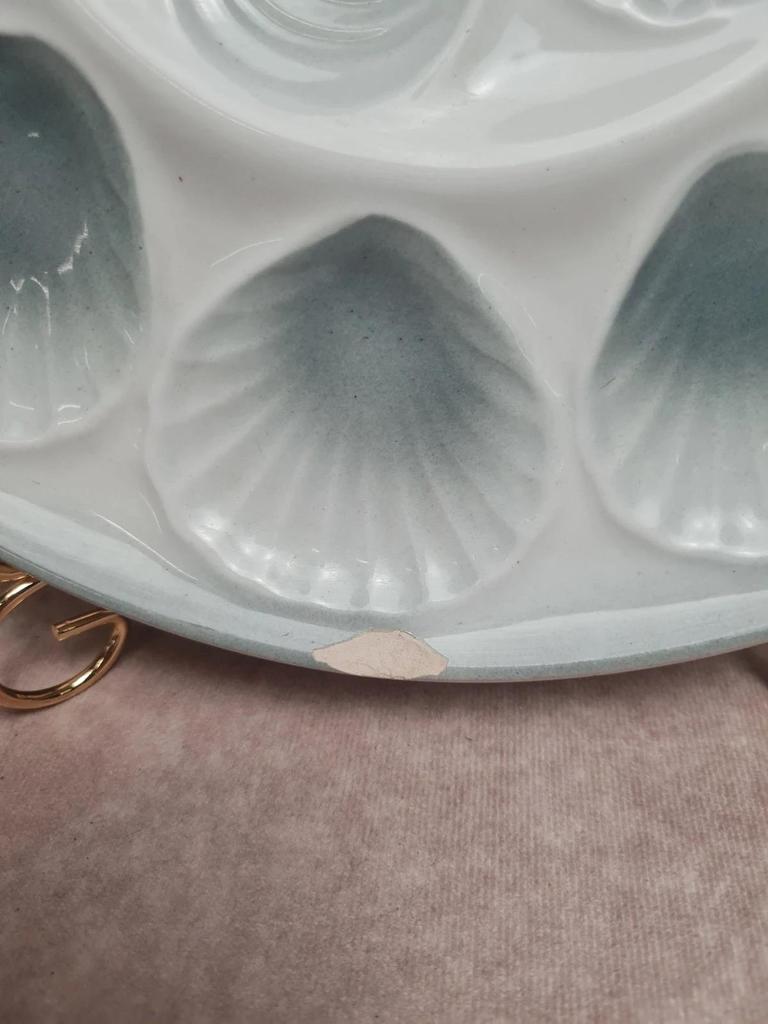 Lot 12 assiettes à huîtres + plat Moulin des Loups – service ancien bleu gris 🌊🦪