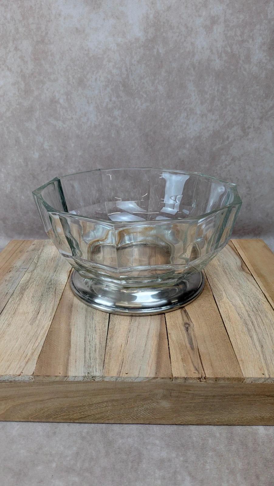 Coupe Art Déco en verre facetté et pied métal argenté – centre de table vintage
