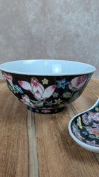 Bol et cuillère chinoise en porcelaine – décor floral noir