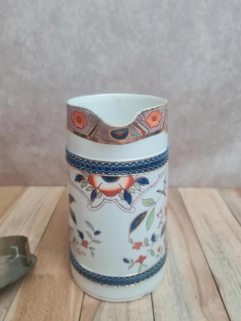 Pichet ancien Burleigh Ware Angleterre décor floral doré bleu cobalt avec couvercle