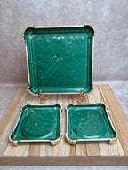 Ensemble Poët-laval dessous de plat et 2 dessous de bouteille céramique verte vintage