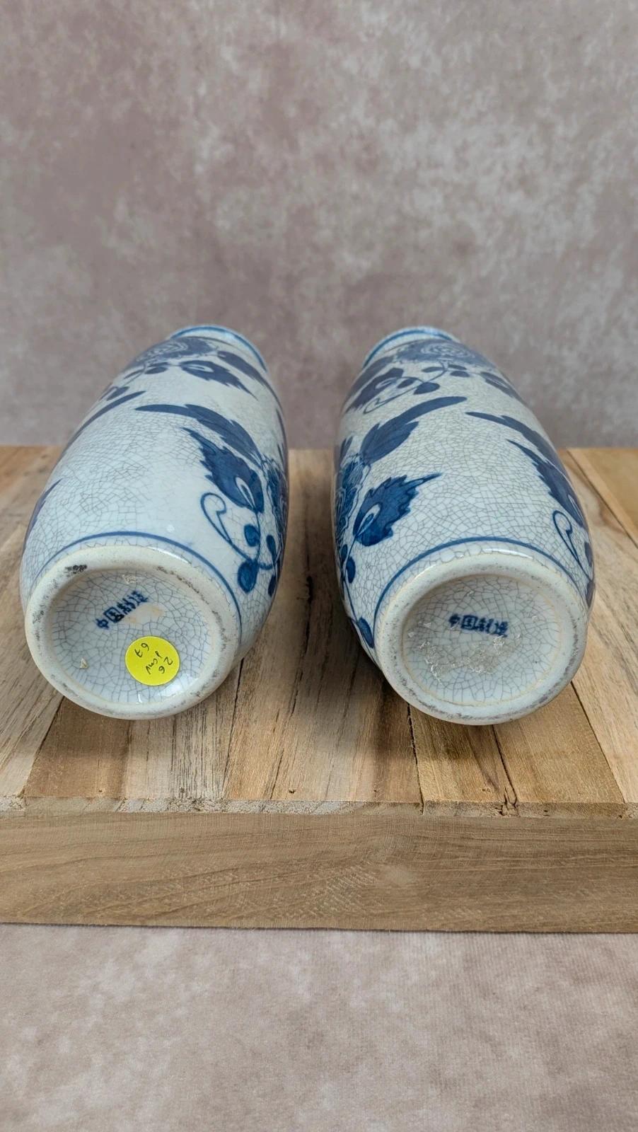 Lot de 2 vases chinois bleu et blanc décor floral