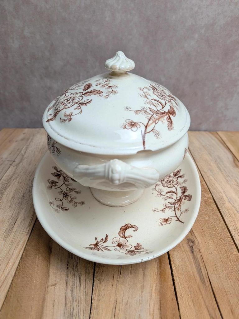 Saucière ancienne en terre de fer Salins – Décor libellule sépia – Avec couvercle