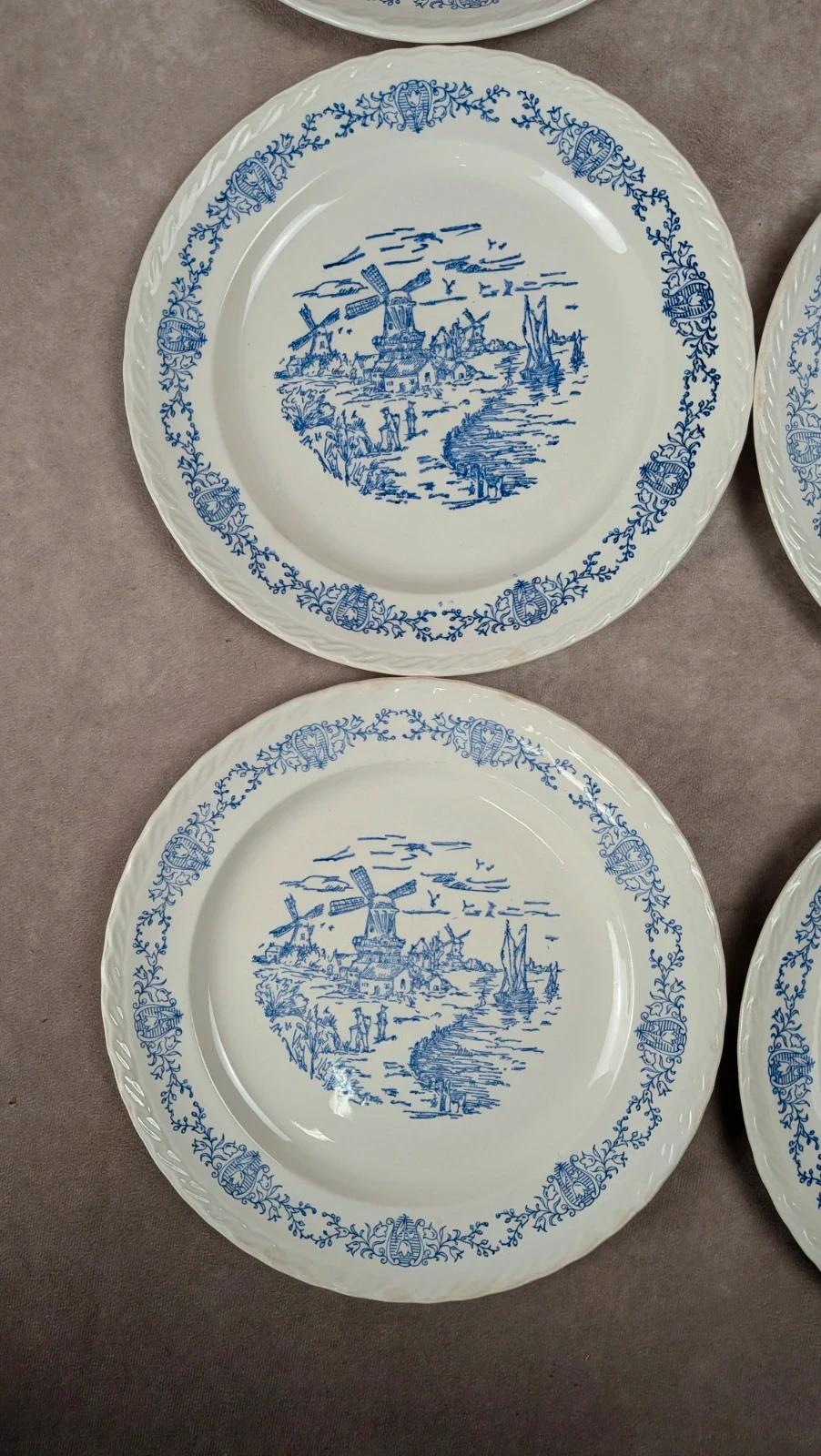 Lot de 6 assiettes plates anciennes Rotterdam décor bleu moulin