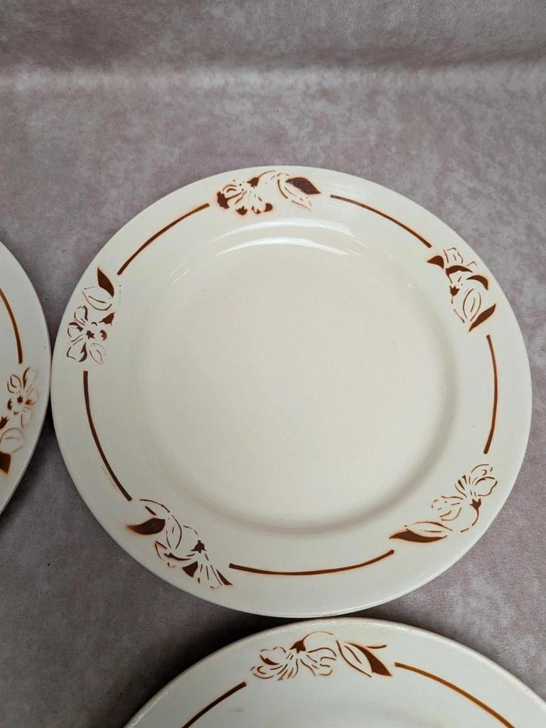 Lot de 6 assiettes terre de fer Hbcm Narcisse décor floral marron