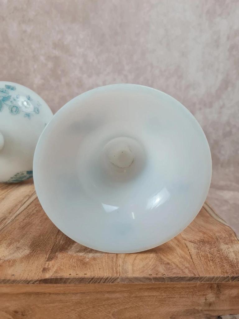Jolie paire de vases sur pied en opaline blanche – décor bleu ancien