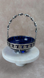 Coupelle vintage en verre bleu cobalt et métal argenté