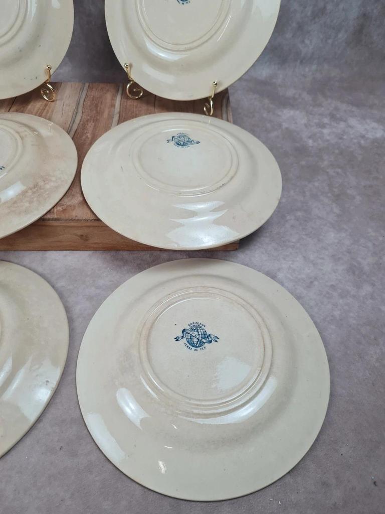 Lot de 6 assiettes plates anciennes – Vieillard & Cie Bordeaux, modèle Clématite 💙 Terre de Fer