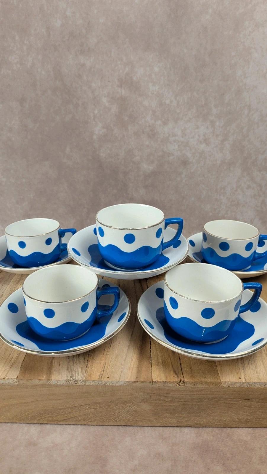 Lot de 6 tasses & soucoupes Sarreguemines – Art déco bleu