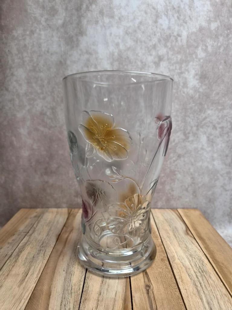 Grand vase vintage en verre moulé pressé – décor floral coloré – France