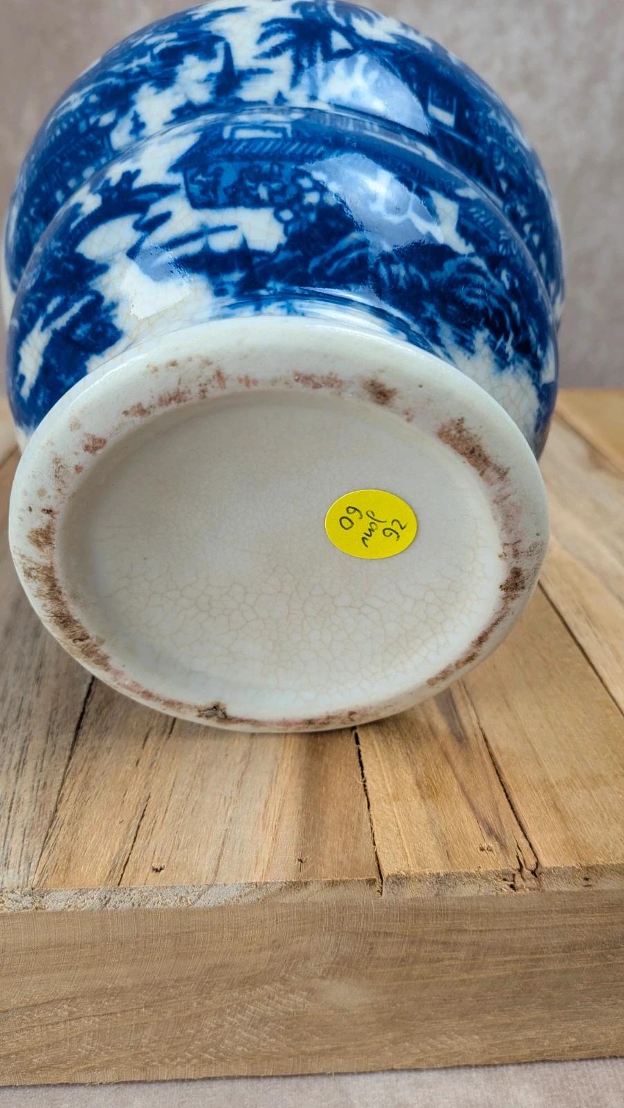 Vase chinois bleu et blanc anses sculptées décor paysage