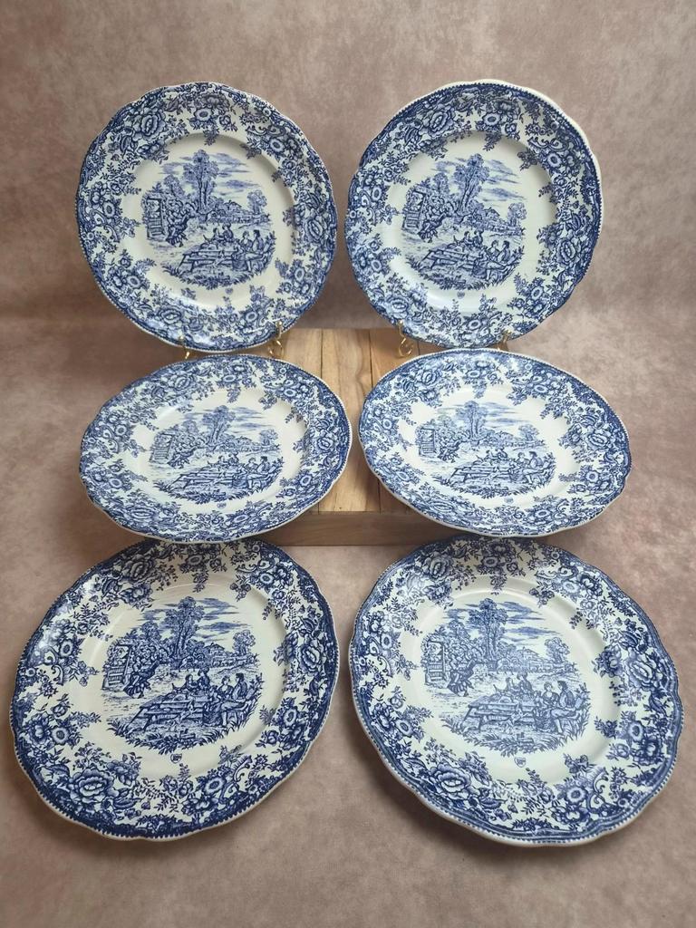 Lot de 6 assiettes plates décor Toile de Jouy bleu – Style Lunéville / campagne romantique