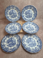Lot de 6 assiettes plates décor Toile de Jouy bleu – Style Lunéville / campagne romantique
