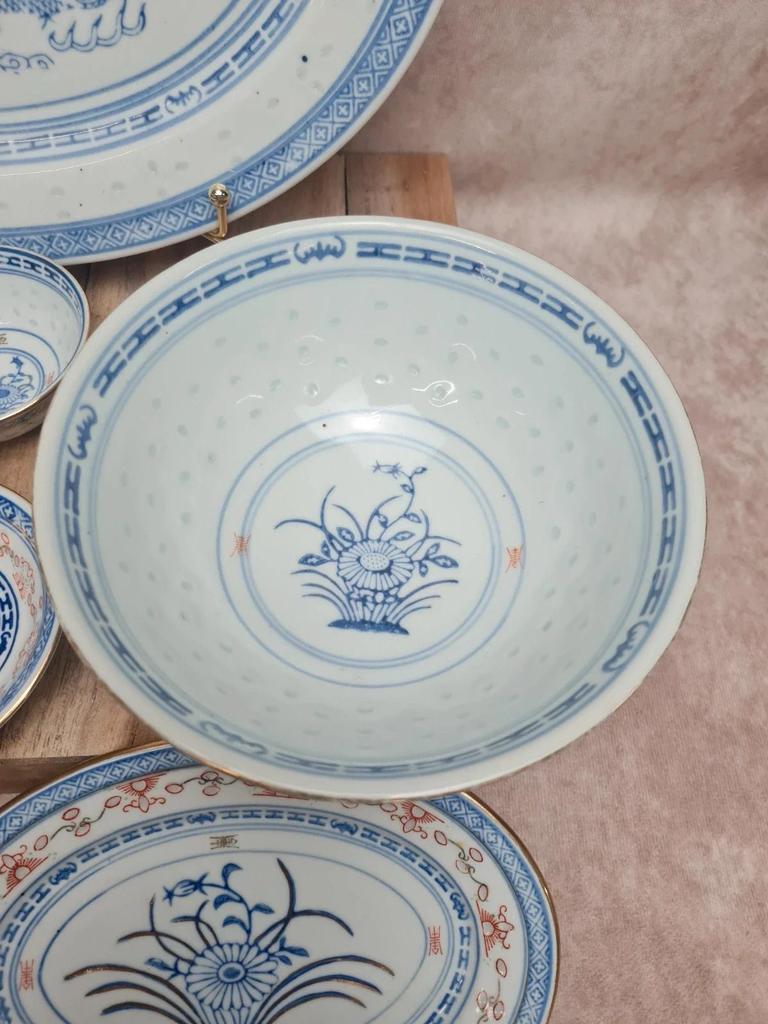 Service chinois vintage complet – 3 personnes – décor bleu & rouge – idéal sushi 🍣