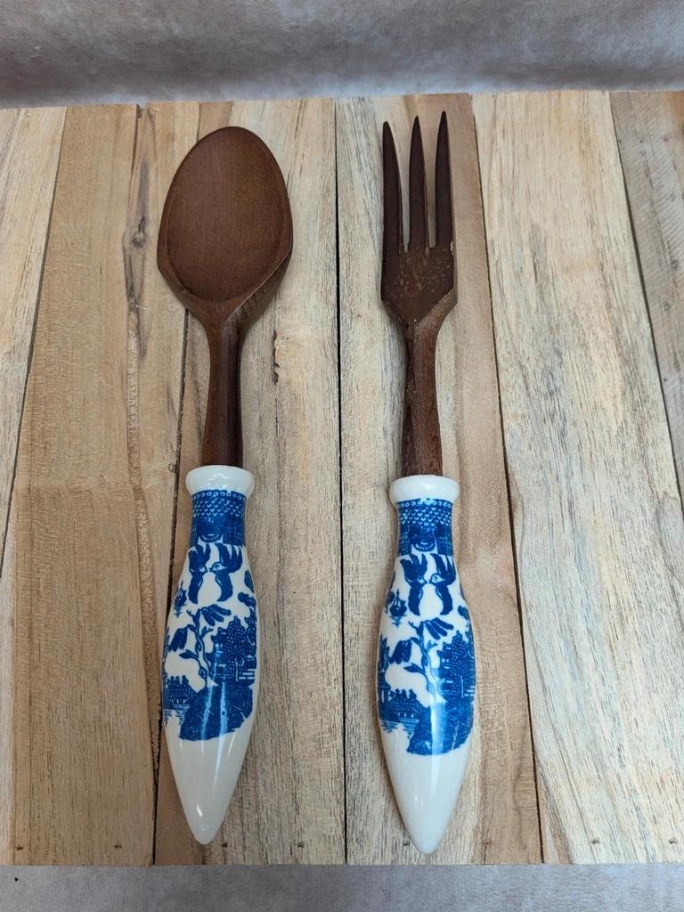 Set à salade vintage céramique & bois – Huilier/vinaigrier + couverts