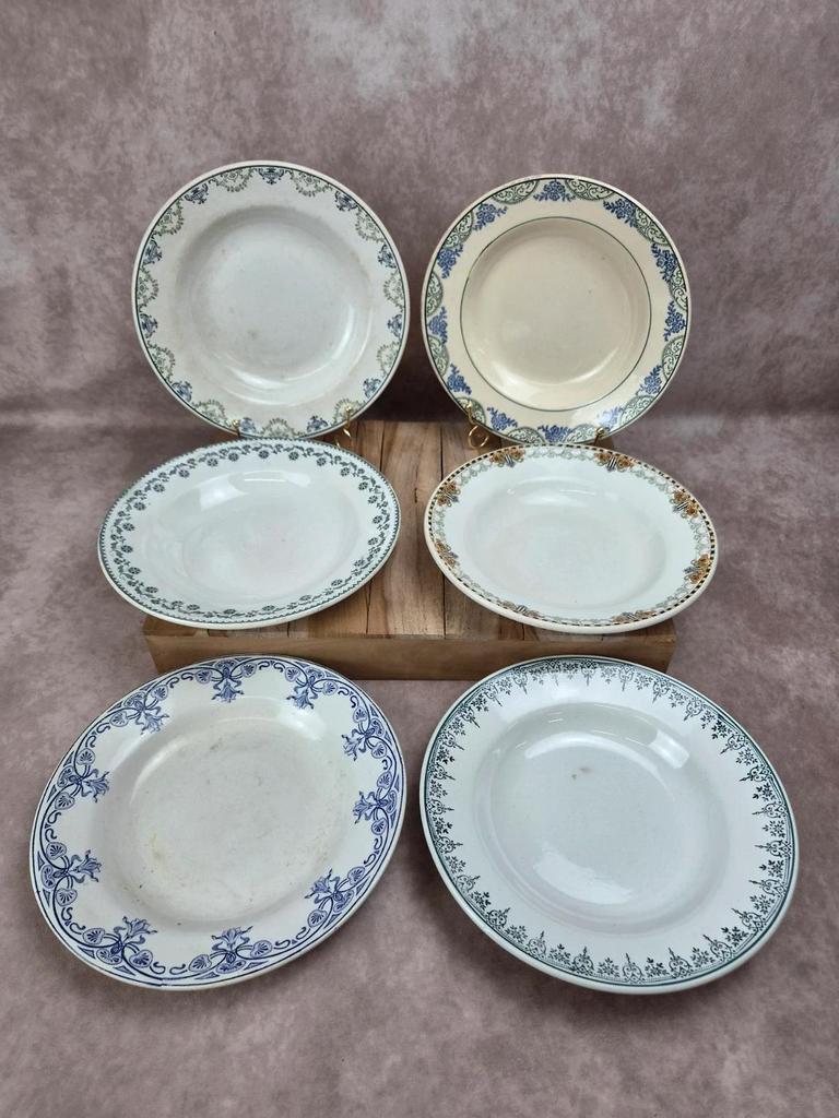 Lot de 6 assiettes creuses dépareillées vintage Terre de Fer & faïence ancienne
