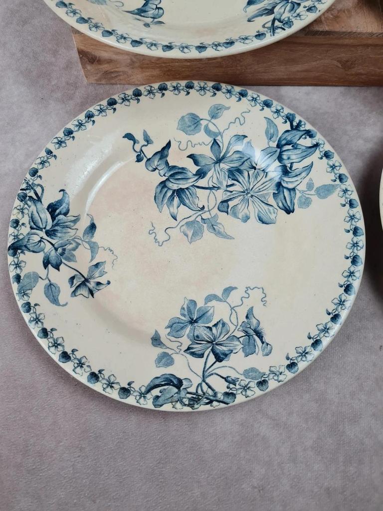 Lot de 6 assiettes plates anciennes – Vieillard & Cie Bordeaux, modèle Clématite 💙 Terre de Fer