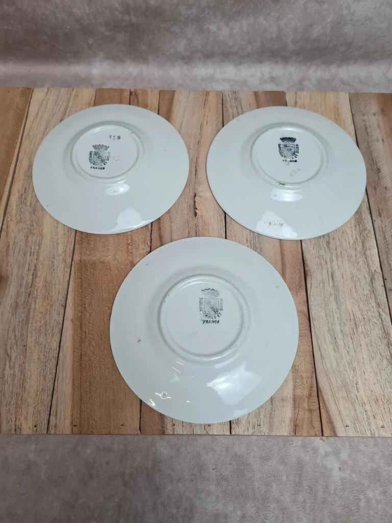 Service café vintage Digoin Sarreguemines bleu cobalt – 3 tasses + 3 soucoupes fleuries 🌼