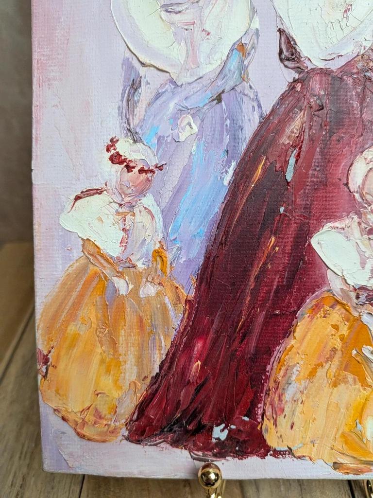 Tableau peinture au couteau signé M Hevillez scène élégante romantique relief