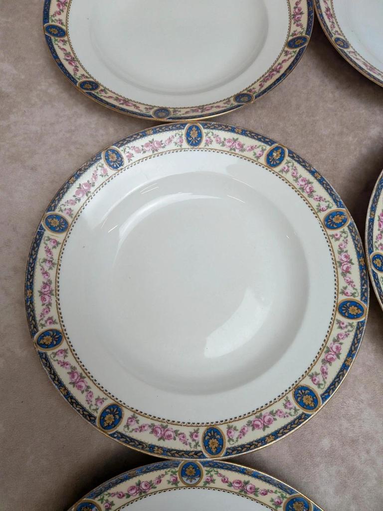 Lot 6 assiettes creuses porcelaine de Limoges décor floral bleu et rose