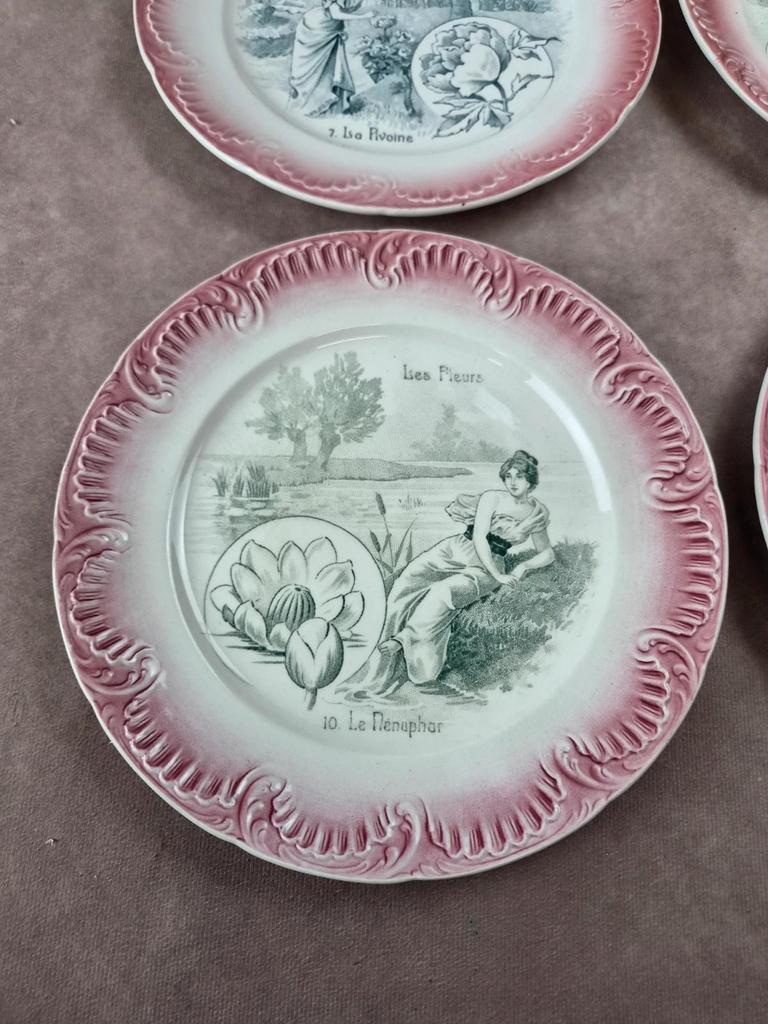 Série complète 12 assiettes parlantes Digoin Sarreguemines, terre de fer, Les Fleurs vintage