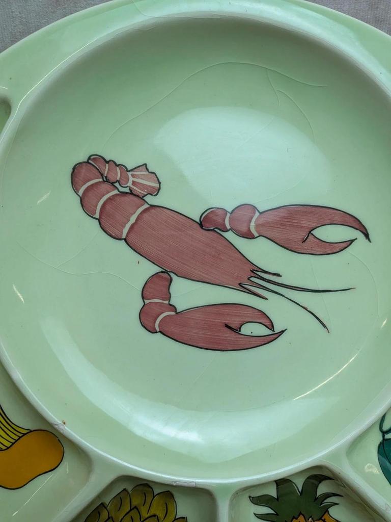 Plat compartiment vintage Déco Gourmet – crevettes & fruits – esprit années 60