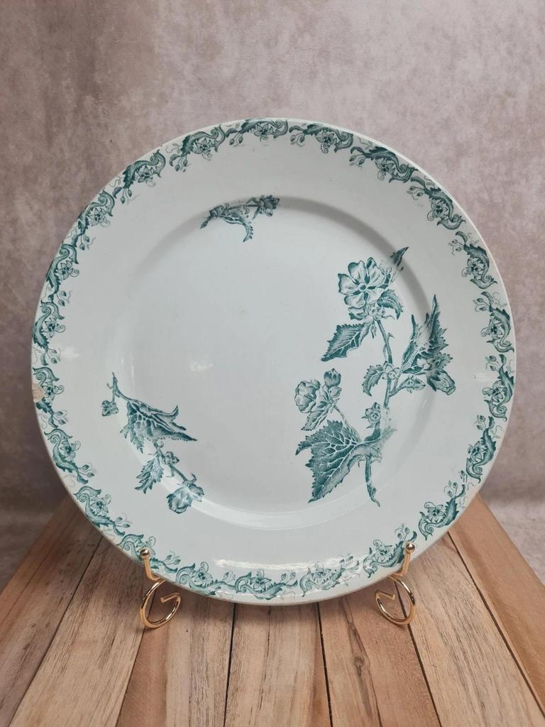 Grand plat rond ancien Saint-amand modèle Richelieu 🌿 Terre de fer verte vintage